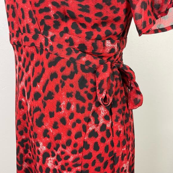Bardot | NWT Red Leopard Print Chiffon Midi Wrap Dress - Picture 6 of 10
